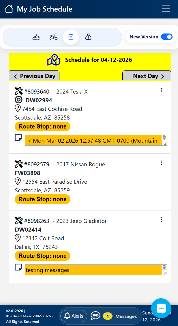 eDirectGlass TechPro job schedule screen